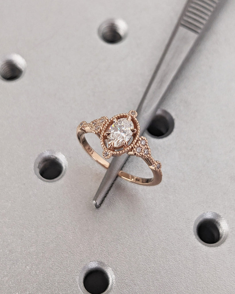 Vintage Moissanite Oval Engagement Ring | Antique Rose Gold Diamond Bridal Ring | Talon Prong Set Milgrain Ring | Art Deco Anniversary Ring