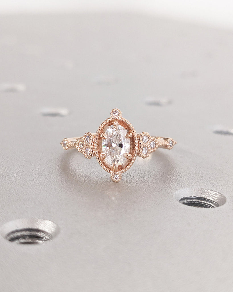 Vintage Oval Shaped Moissanite Engagement Ring Art Deco Milgrain Real Rose Gold Wedding Ring Unique Moissanite Cluster Bridal Ring For Women