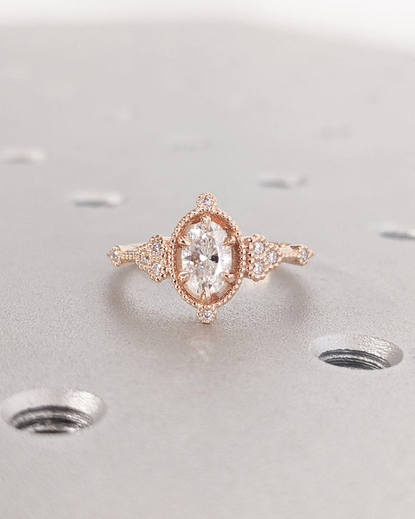 Vintage Moissanite Oval Engagement Ring | Antique Rose Gold Diamond Bridal Ring | Talon Prong Set Milgrain Ring | Art Deco Anniversary Ring