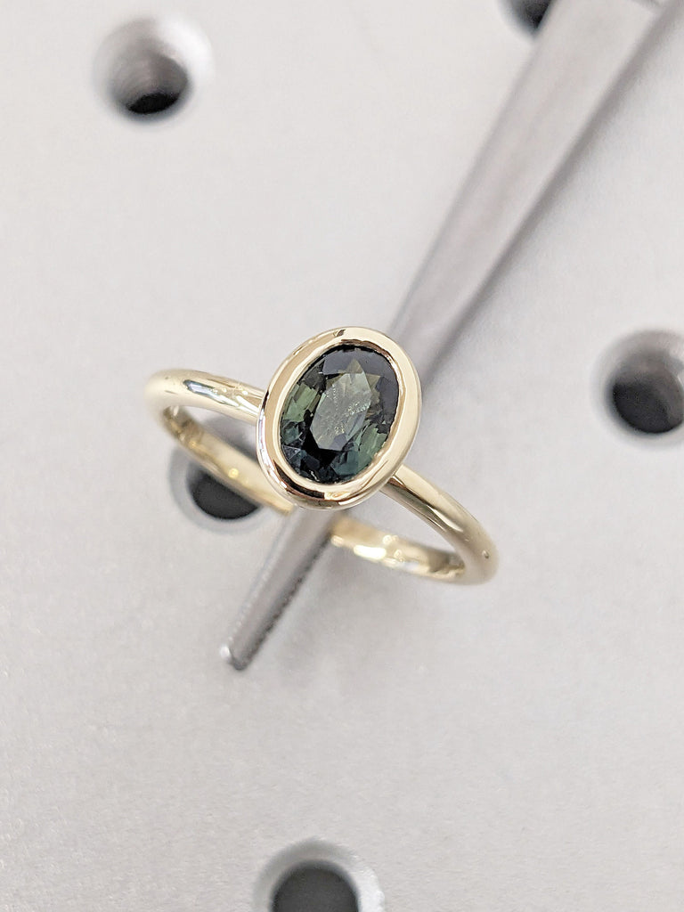 1CT Oval Peacock Sapphire Simple Promise Ring | Bezel set Sapphire Solitaire Ring | Yellow Gold Engagement Ring | Wedding Ring for Her