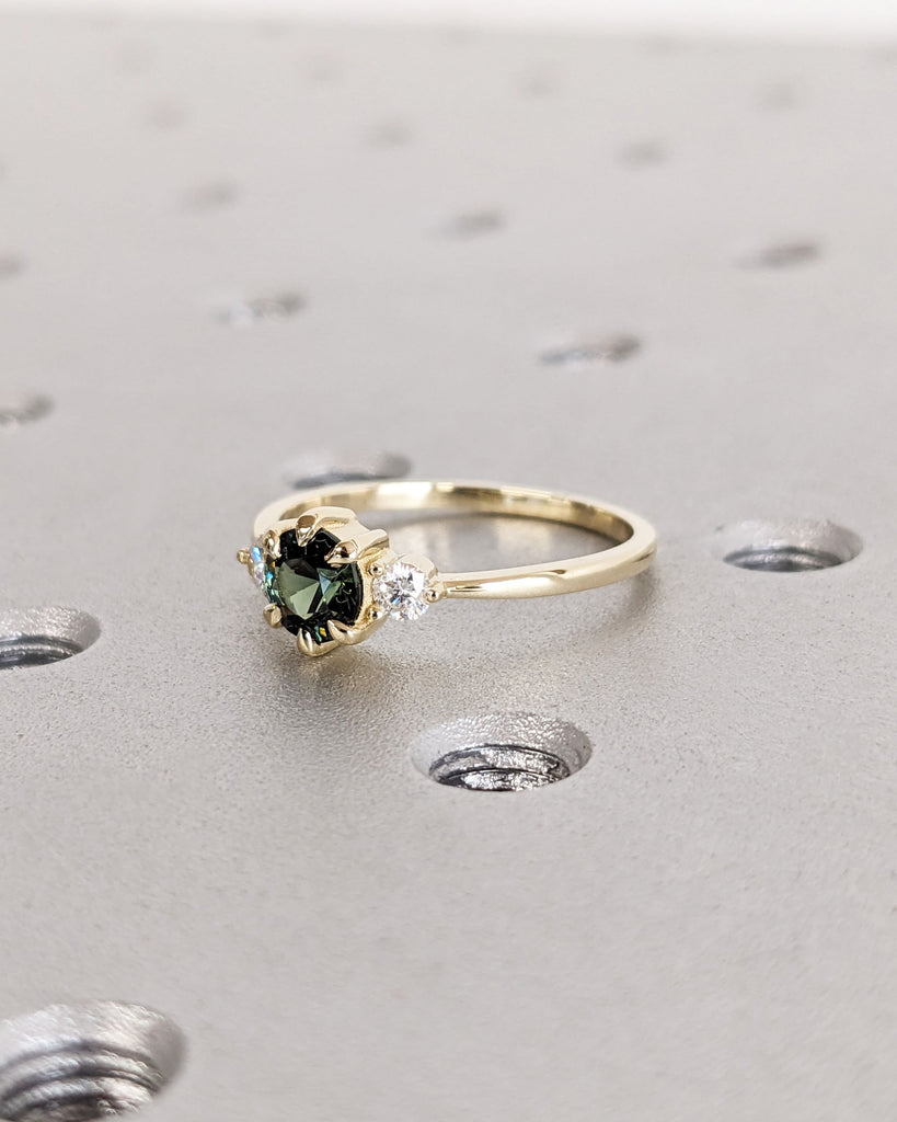 Natural Peacock Sapphire and Lab Grown Diamond Three Stone Ring | Round Sapphire Perfect Engagement Ring for Her | Dainty Yellow Gold Ring