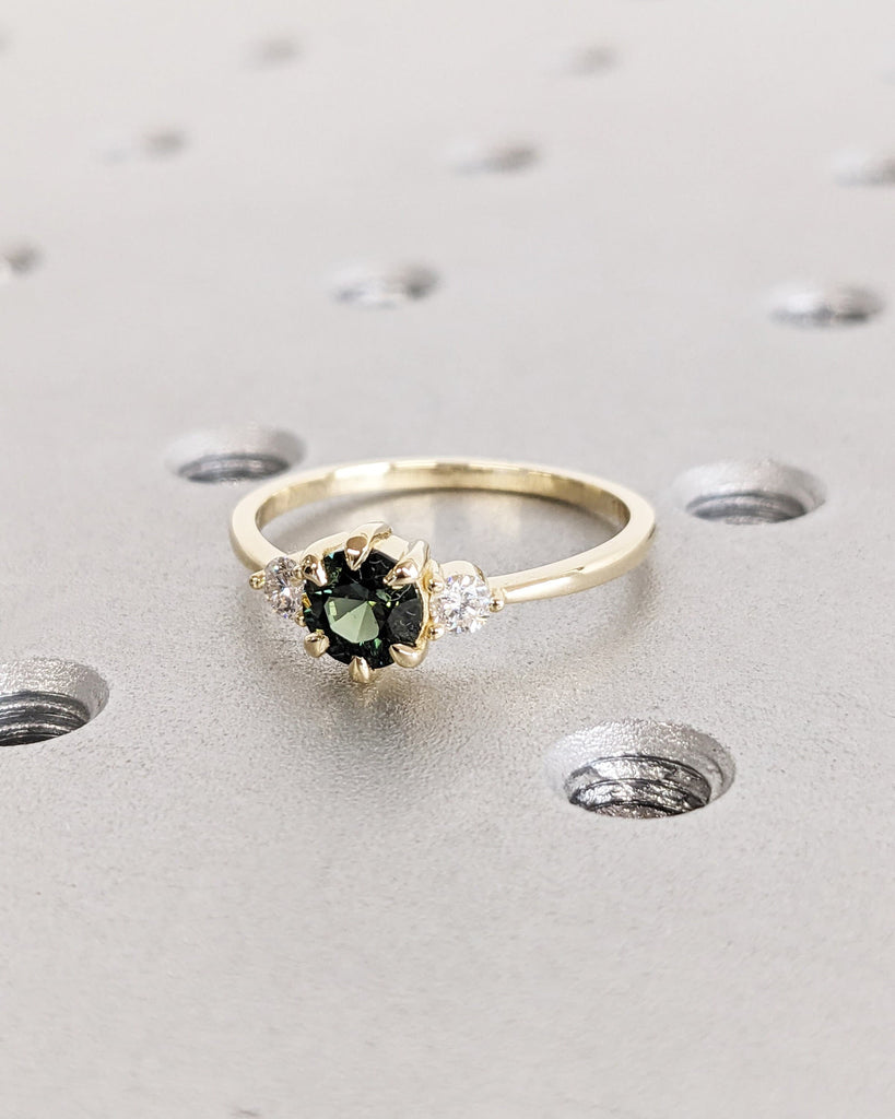 Natural Peacock Sapphire and Lab Grown Diamond Three Stone Ring | Round Sapphire Perfect Engagement Ring for Her | Dainty Yellow Gold Ring