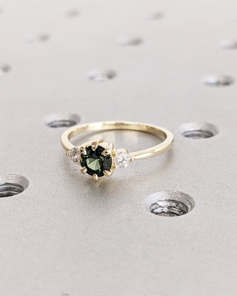 Vintage Teal Sapphire Engagement Ring | Unique Round Solid 14k Gold Blue Green Sapphire Ring | Diamond Wedding Promise Ring Anniversary Ring