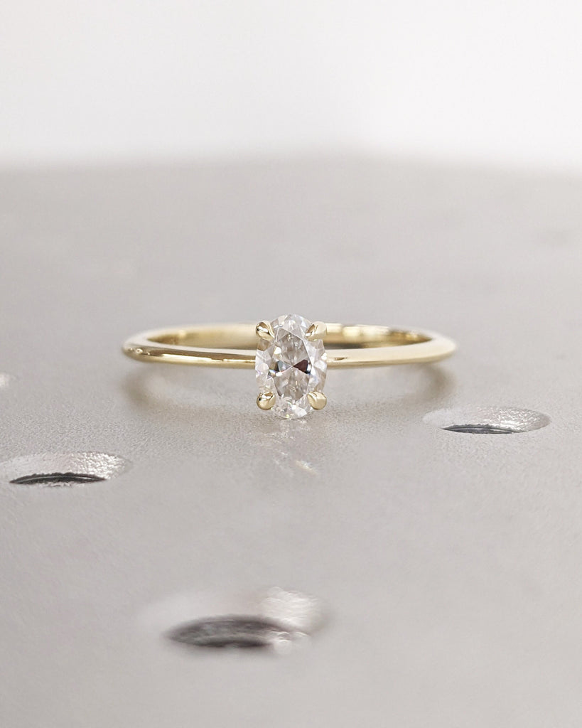 Oval Moissanite Solitaire Engagement Ring, Tapered Band Thin Ring, Oval Cut 14K Solid Gold Minimalist Wedding Ring, Unique Anniversary Gift