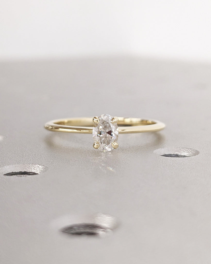 Oval Moissanite Solitaire Engagement Ring, Tapered Band Thin Ring, Oval Cut 14K Solid Gold Minimalist Wedding Ring, Unique Anniversary Gift