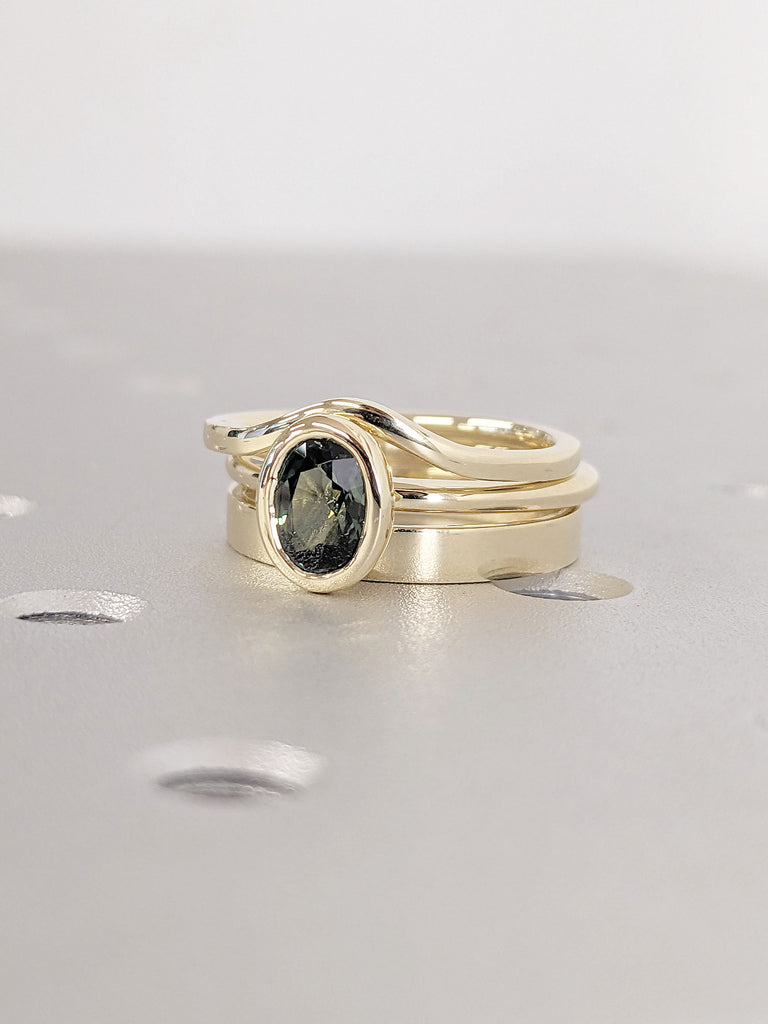 One of a Kind Montana Sapphire Ring Set | Blue Green Sapphire Engagement Ring | Anniversary Ring | 14K Yellow Gold Curve Woman Wedding Band