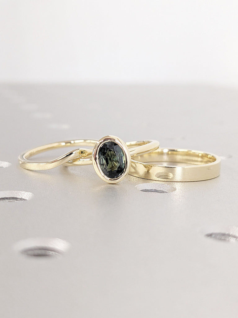 14K 18K Solid Gold Dainty Thin Plain Wedding Band for Her | Chevron Curve Matching Ring | Stacking Ring | September Birthstone Peacock Sapphire Unique Proposal Ring Set