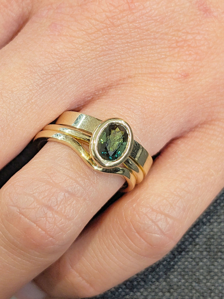 One of a Kind Montana Sapphire Ring Set | Blue Green Sapphire Engagement Ring | Anniversary Ring | 14K Yellow Gold Curve Woman Wedding Band