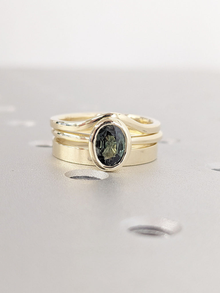 One of a Kind Montana Sapphire Ring Set | Blue Green Sapphire Engagement Ring | Anniversary Ring | 14K Yellow Gold Curve Woman Wedding Band