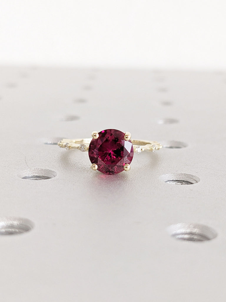 Knife Edge Solid Gold Band Lab Ruby Engagement Wedding Ring Set | Floating Bubble Round Diamond Dainty Platinum Bridal Jewelry for Her