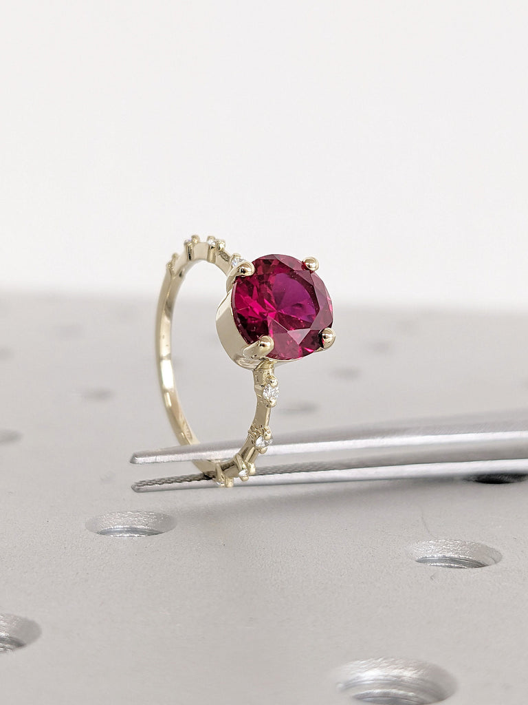 14K Solid Yellow Gold Lab Ruby Engagement Ring | Floating Bubble Round Diamond Dainty Promise Ring | Platinum Bridal Ring Jewelry for Her