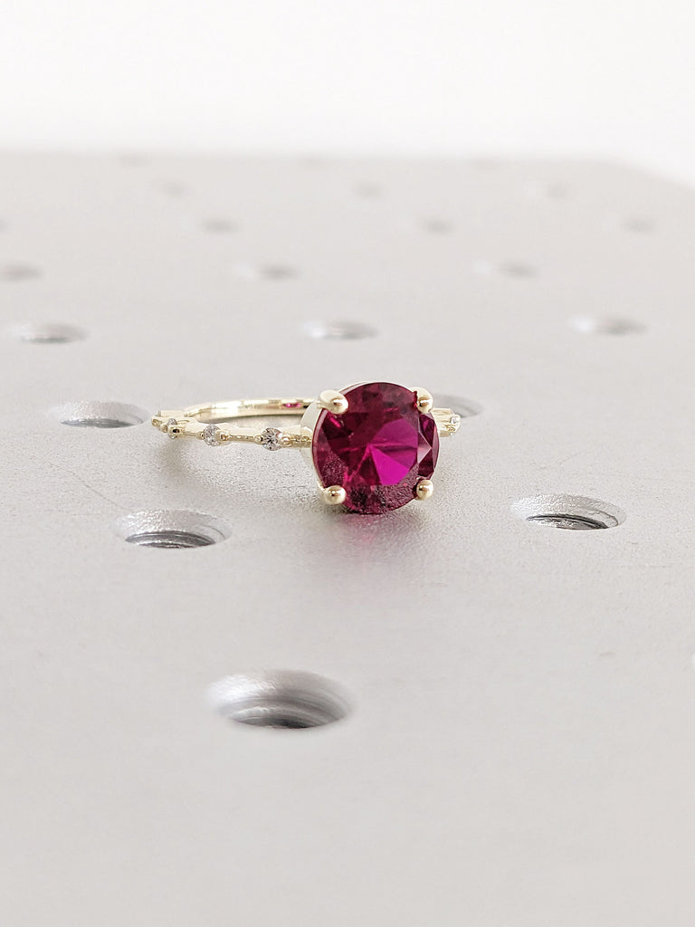 2CT Round Ruby Engagement Ring | 14K Yellow Gold Solitaire Ring | Thin Gold Band | Floating Moissanite Eternity Ring | Unique Proposal Ring