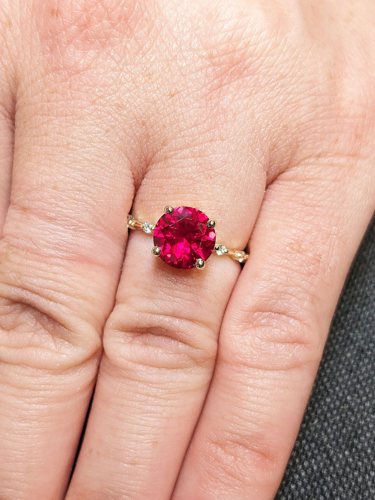 2CT Round Ruby Engagement Ring | 14K Yellow Gold Solitaire Ring | Thin Gold Band | Floating Moissanite Eternity Ring | Unique Proposal Ring