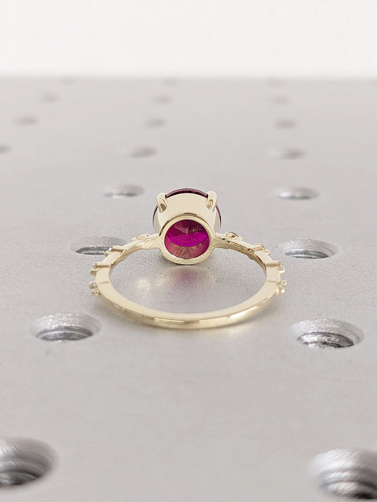 2CT Round Ruby Engagement Ring | 14K Yellow Gold Solitaire Ring | Thin Gold Band | Floating Moissanite Eternity Ring | Unique Proposal Ring