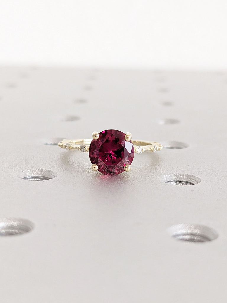 2CT Round Ruby Engagement Ring | 14K Yellow Gold Solitaire Ring | Thin Gold Band | Floating Moissanite Eternity Ring | Unique Proposal Ring