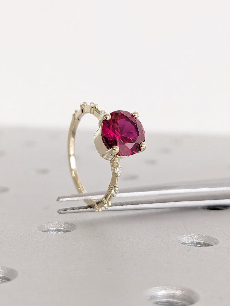 2CT Round Ruby Engagement Ring | 14K Yellow Gold Solitaire Ring | Thin Gold Band | Floating Moissanite Eternity Ring | Unique Proposal Ring