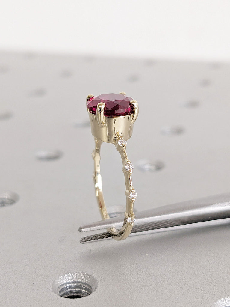 July Birthstone Red Ruby Wedding Anniversary Ring for Her | Knife Edge Yellow Gold Band | Moissanite Dainty Promise Ring | 14K 18K Gold Ring