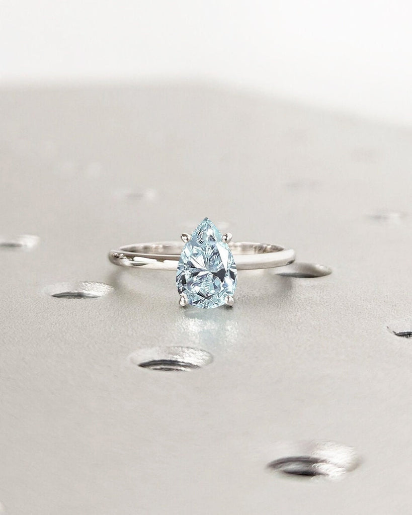 Pear Cut Lab Aquamarine Engagement Ring / Gold Aquamarine Ring / Lab Grown Blue Aquamarine / Teardrop Pear Solitaire Ring / Minimalist Ring