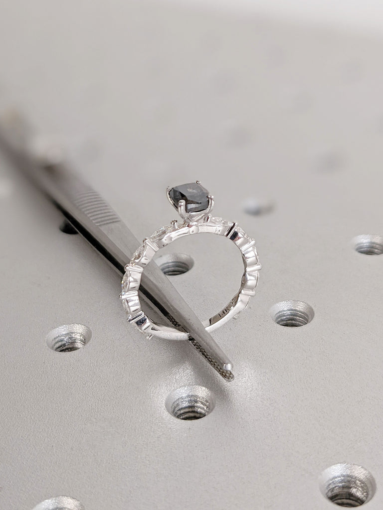 Cushion Cut Raw Salt and Pepper Wedding Band, 18K White Gold Marquise Cut Diamond, Black Diamond Engagement Ring
