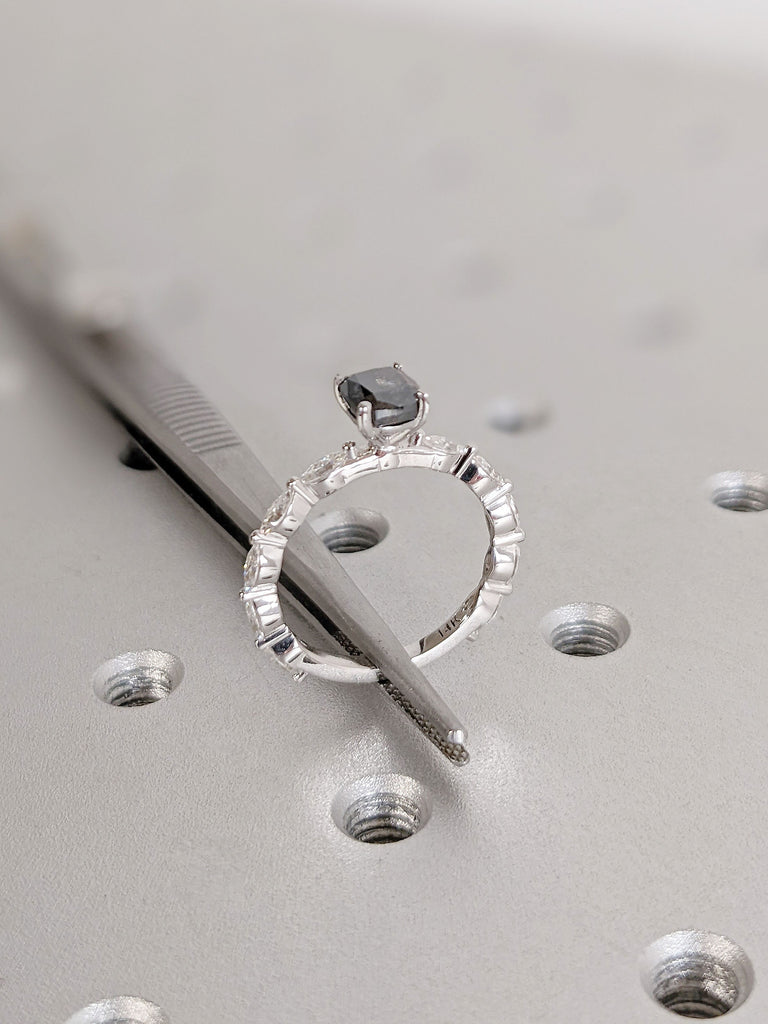 14K Solid White Gold Cushion Cut Raw Salt and Pepper Engagement Ring, White Diamond Marquise Cut Wedding Ring, Unique Bridal Diamond Ring