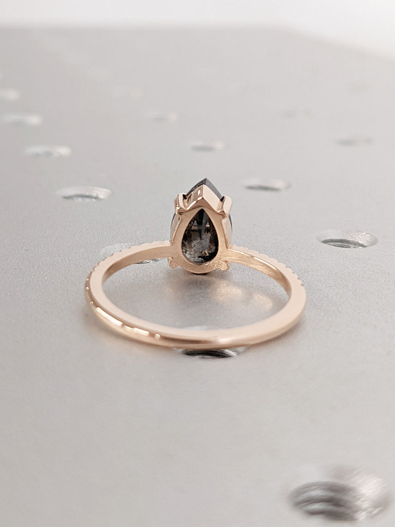 Unique Natural Salt and Pepper Black Diamond Ring | 14k Rose Gold Engagement Ring | Diamond Band | Half Eternity Ring | Pear cut Bridal Ring