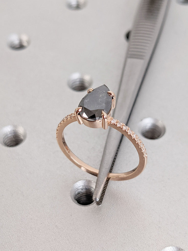 Unique Natural Salt and Pepper Black Diamond Ring | 14k Rose Gold Engagement Ring | Diamond Band | Half Eternity Ring | Pear cut Bridal Ring