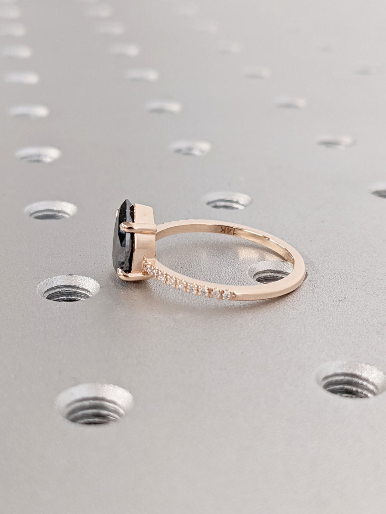 Unique Natural Salt and Pepper Black Diamond Ring | 14k Rose Gold Engagement Ring | Diamond Band | Half Eternity Ring | Pear cut Bridal Ring