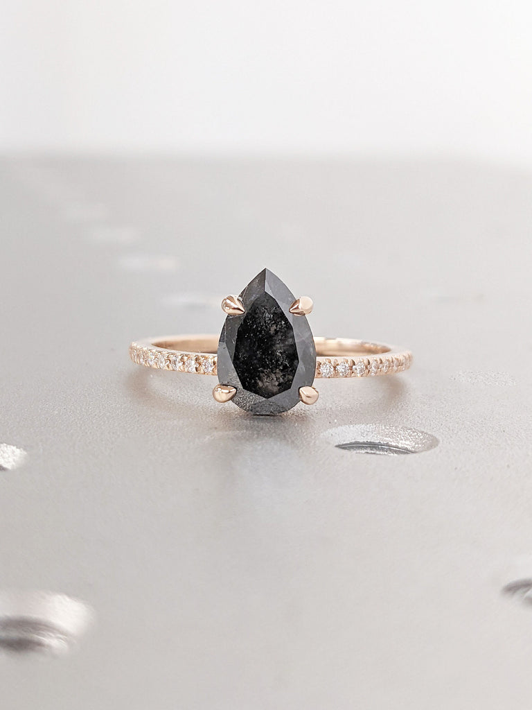 Simple Promise Ring | Pear cut Salt and Pepper Galaxy Diamond | Natural Diamond Eternity Ring | Woman Bridal Jewelry | Dainty 14k Rose Gold Engagement Ring