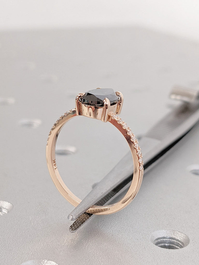 Unique Natural Salt and Pepper Black Diamond Ring | 14k Rose Gold Engagement Ring | Diamond Band | Half Eternity Ring | Pear cut Bridal Ring