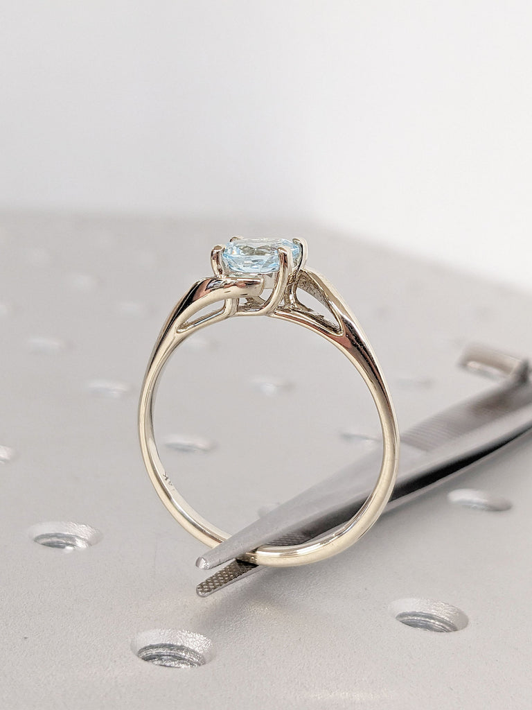 Round Lab Aquamarine Vintage Engagement Ring | 14K White Gold Bypass Ring | Light Blue Gemstone Twisted Bridal Ring | Unique Promise Ring