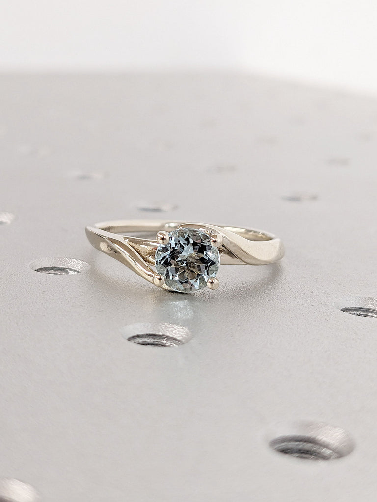 Round Lab Aquamarine Vintage Engagement Ring | 14K White Gold Bypass Ring | Light Blue Gemstone Twisted Bridal Ring | Unique Promise Ring