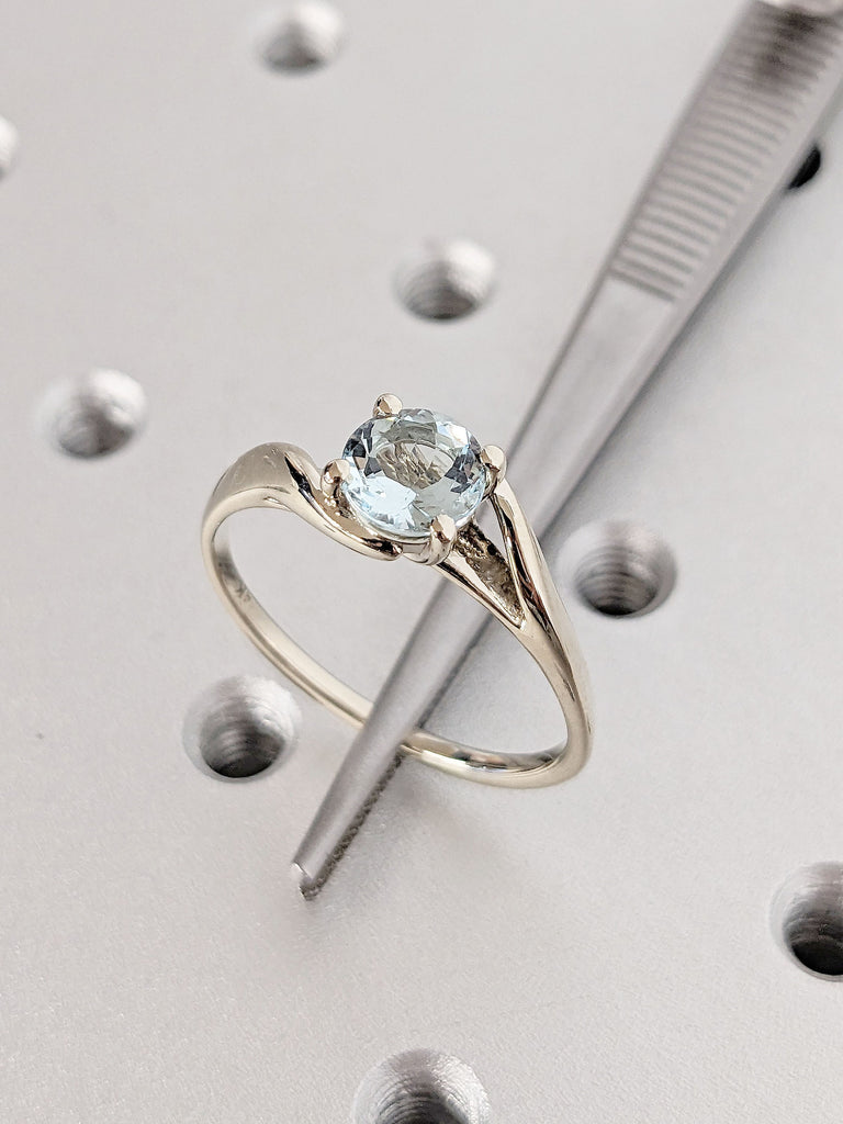 Round Lab Aquamarine Vintage Engagement Ring | 14K White Gold Bypass Ring | Light Blue Gemstone Twisted Bridal Ring | Unique Promise Ring