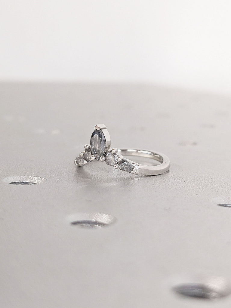 Platinum Minimalist Curved Diamond Wedding Band | Salt and Pepper Grey Diamond Ring for Women | Chevron Stacking Ring | Diamond Crown Ring