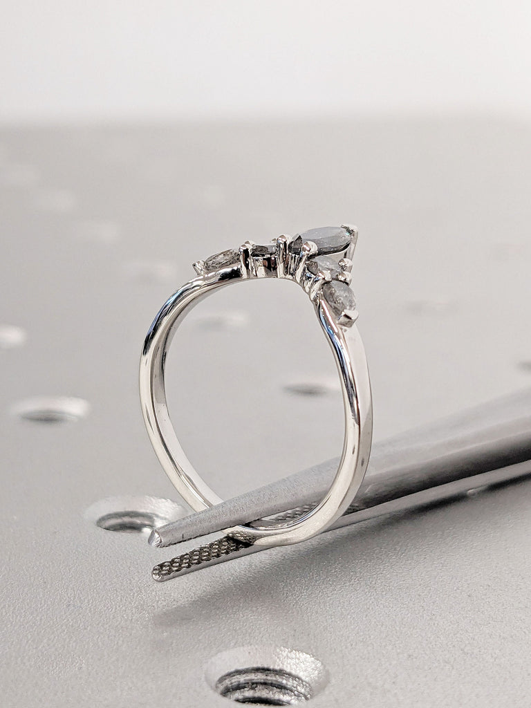 Platinum Minimalist Curved Diamond Wedding Band | Salt and Pepper Grey Diamond Ring for Women | Chevron Stacking Ring | Diamond Crown Ring