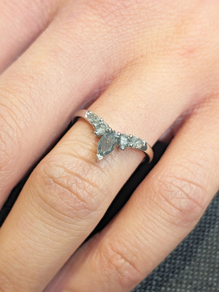 Salt and Pepper Diamond V Shaped Bridal Band | Platinum/Solid Gold Matching Stackable Ring | Woman Wedding Band