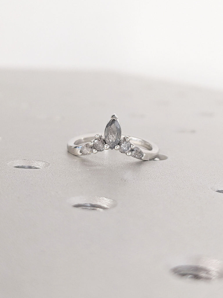 Platinum Minimalist Curved Diamond Wedding Band | Salt and Pepper Grey Diamond Ring for Women | Chevron Stacking Ring | Diamond Crown Ring