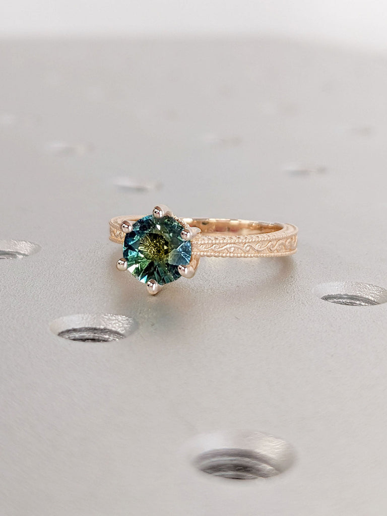 Unique Vintage Round cut Teal Sapphire Ring | Solid Gold Art Deco Filigree Ring | Classic Blue Green Sapphire Engagement Ring Wedding Set