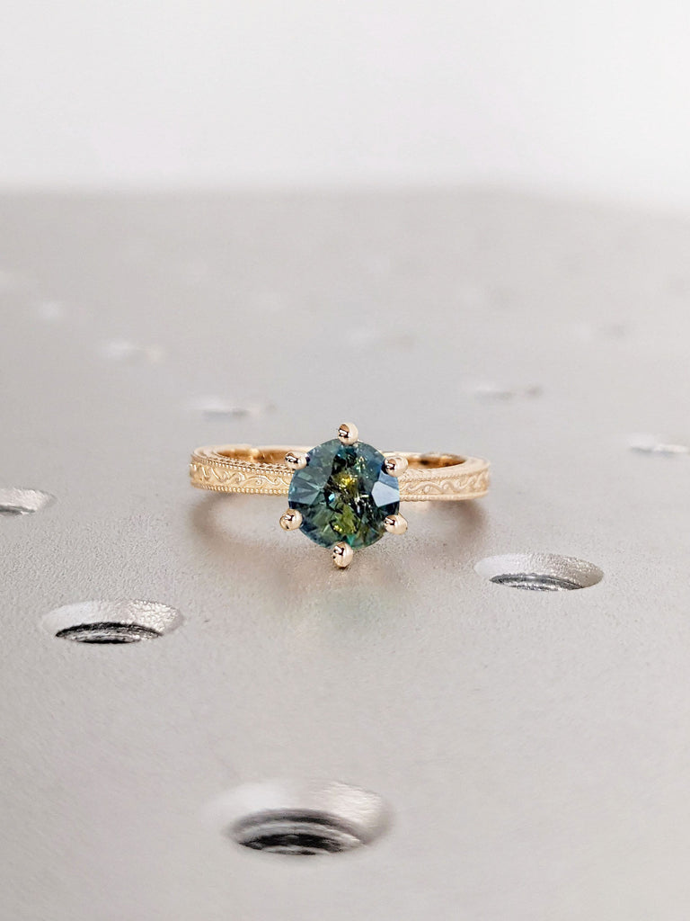 Unique Vintage Round cut Teal Sapphire Ring | Solid Gold Art Deco Filigree Ring | Classic Blue Green Sapphire Engagement Ring Wedding Set