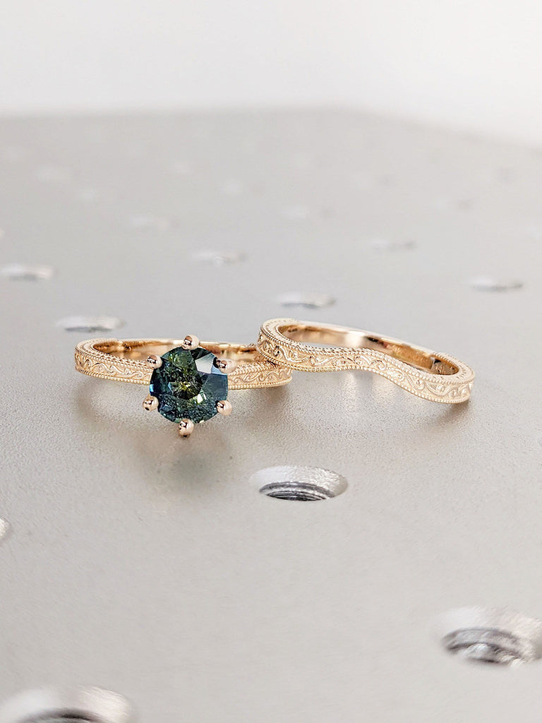 Unique Round Natural Teal Sapphire Engagement Ring | Solid Gold Filigree Sapphire Ring | September Birthstone Wedding Anniversary Ring Set