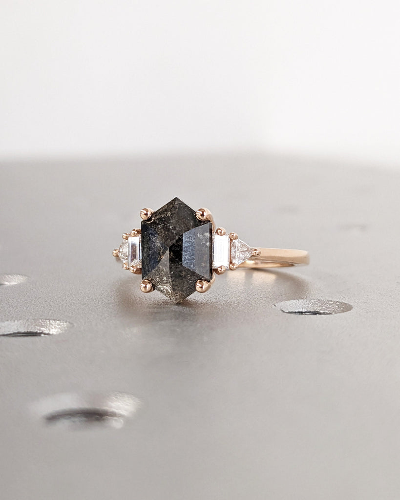 Galaxy Raw Salt and Pepper Diamond Ring- Hexagon Diamond Engagement Ring Set- Unique Bridal Geometric Diamond Promise Ring- Gold Bridal Set