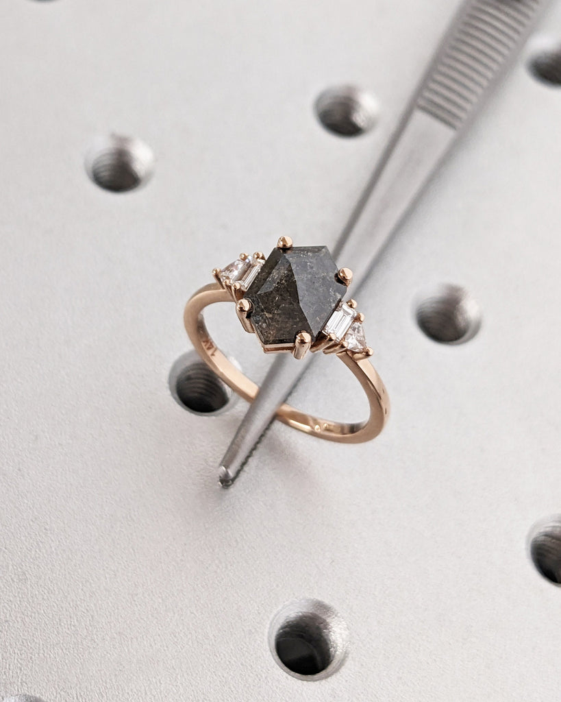 Galaxy Raw Salt and Pepper Diamond Ring- Hexagon Diamond Engagement Ring Set- Unique Bridal Geometric Diamond Promise Ring- Gold Bridal Set