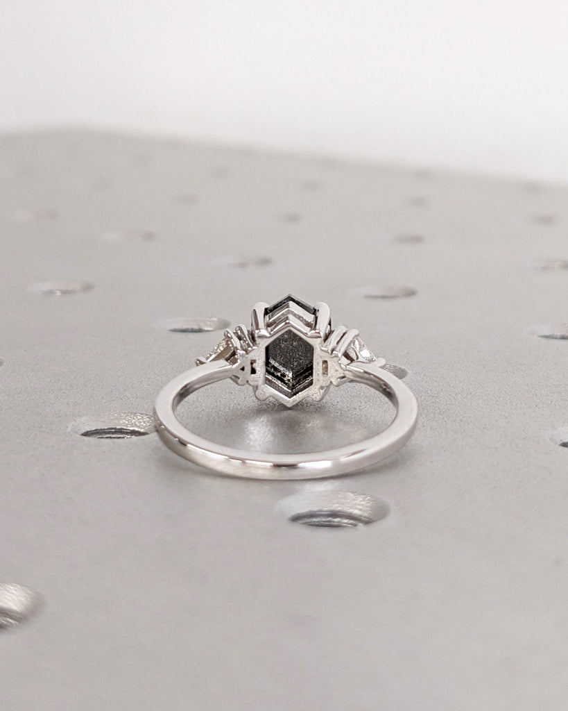 Galaxy Raw Salt and Pepper Diamond Ring- Hexagon Diamond Engagement Ring Set- Unique Bridal Geometric Diamond Promise Ring- Gold Bridal Set