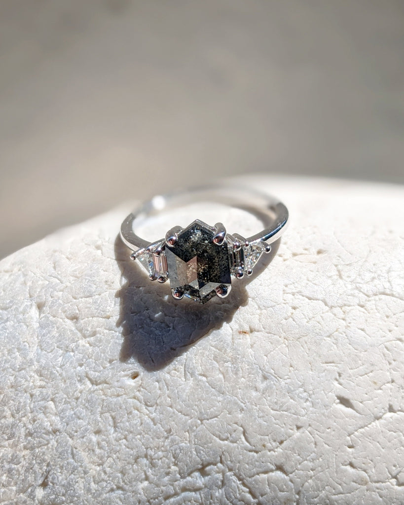 Galaxy Raw Salt and Pepper Diamond Ring- Hexagon Diamond Engagement Ring Set- Unique Bridal Geometric Diamond Promise Ring- Gold Bridal Set