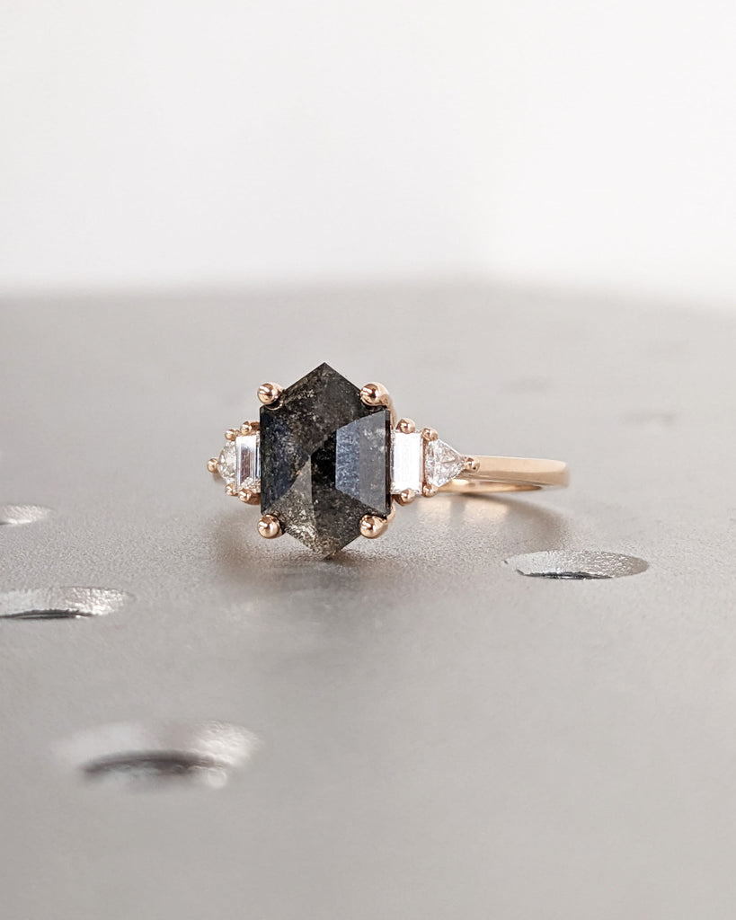 Galaxy Raw Salt and Pepper Diamond Ring- Hexagon Diamond Engagement Ring Set- Unique Bridal Geometric Diamond Promise Ring- Gold Bridal Set