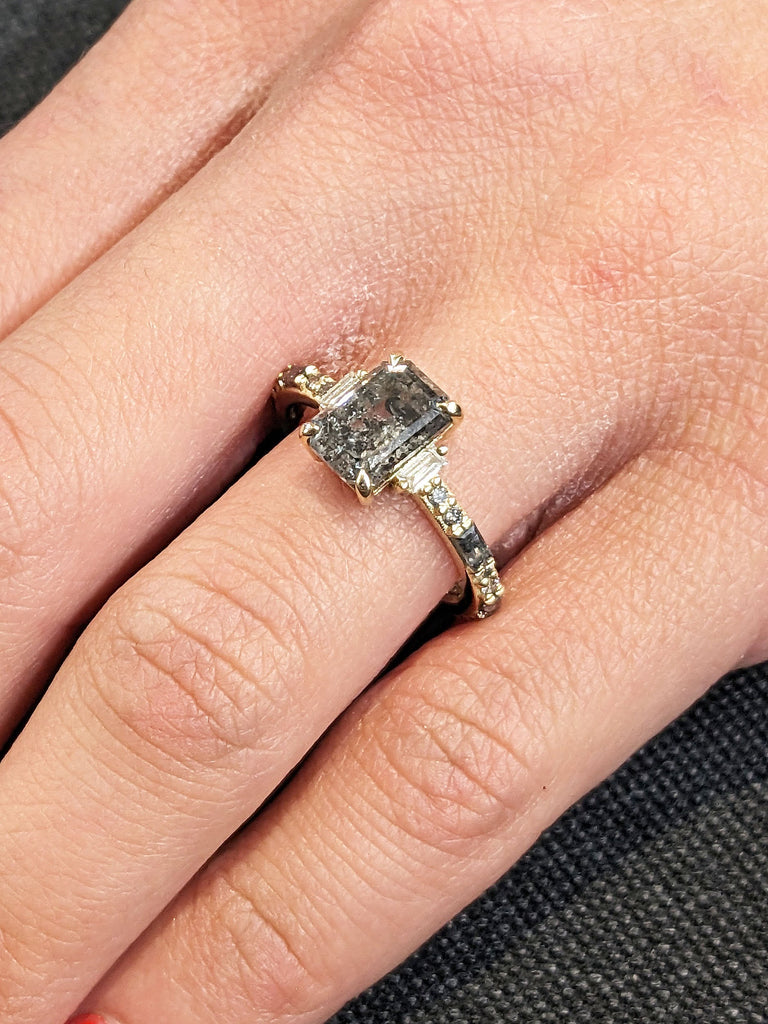 Natural Grey Diamond Engagement Ring | Salt and Pepper Diamond Proposal Ring | Emerald cut Ring | Ombre Diamond 14K Yellow Gold Band