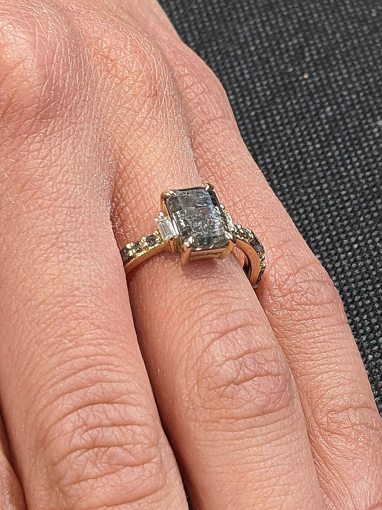 Natural Grey Diamond Engagement Ring | Salt and Pepper Diamond Proposal Ring | Emerald cut Ring | Ombre Diamond 14K Yellow Gold Band