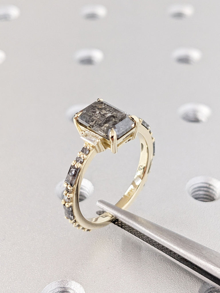 Natural Grey Diamond Engagement Ring | Salt and Pepper Diamond Proposal Ring | Emerald cut Ring | Ombre Diamond 14K Yellow Gold Band