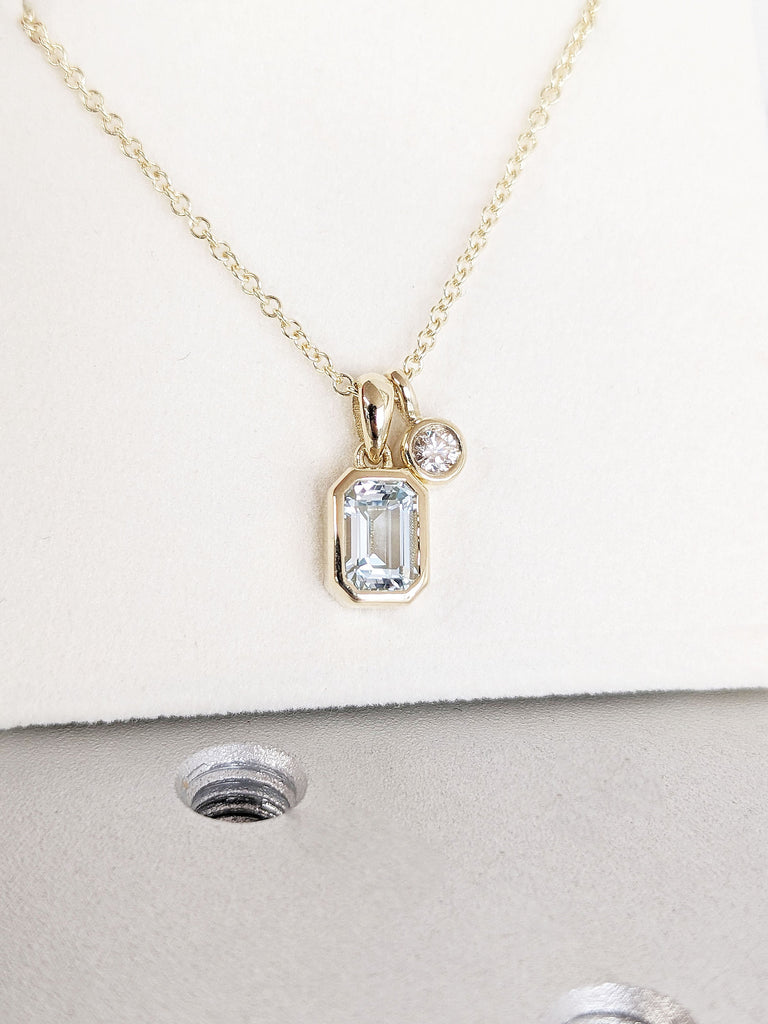 Emerald Cut Lab Aquamarine Necklace, 14K Solid Yellow Gold Dainty Diamond Pendant, Classic Necklace for Her, Everyday Diamond Gold Necklace