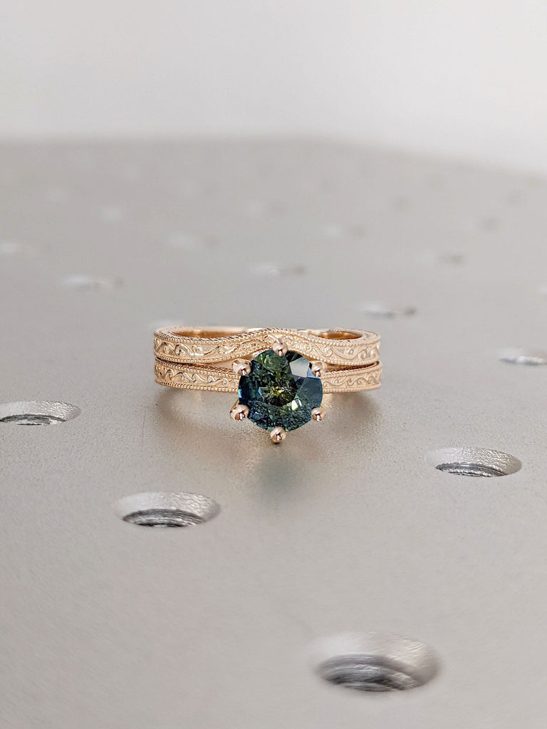 Unique Vintage Teal Sapphire Ring Bridal Set | Solid Gold Art Deco Milgrain Filigree Band | Classic Wedding Milgrain Engagement Ring Set