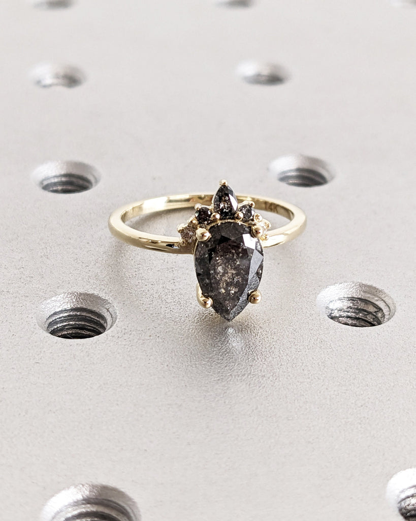 Galaxy Raw Salt and Pepper Diamond Ring- Pear Cut Diamond Engagement Rings- Unique Bridal Geometric Diamond- Half Halo Cluster Diamond Ring